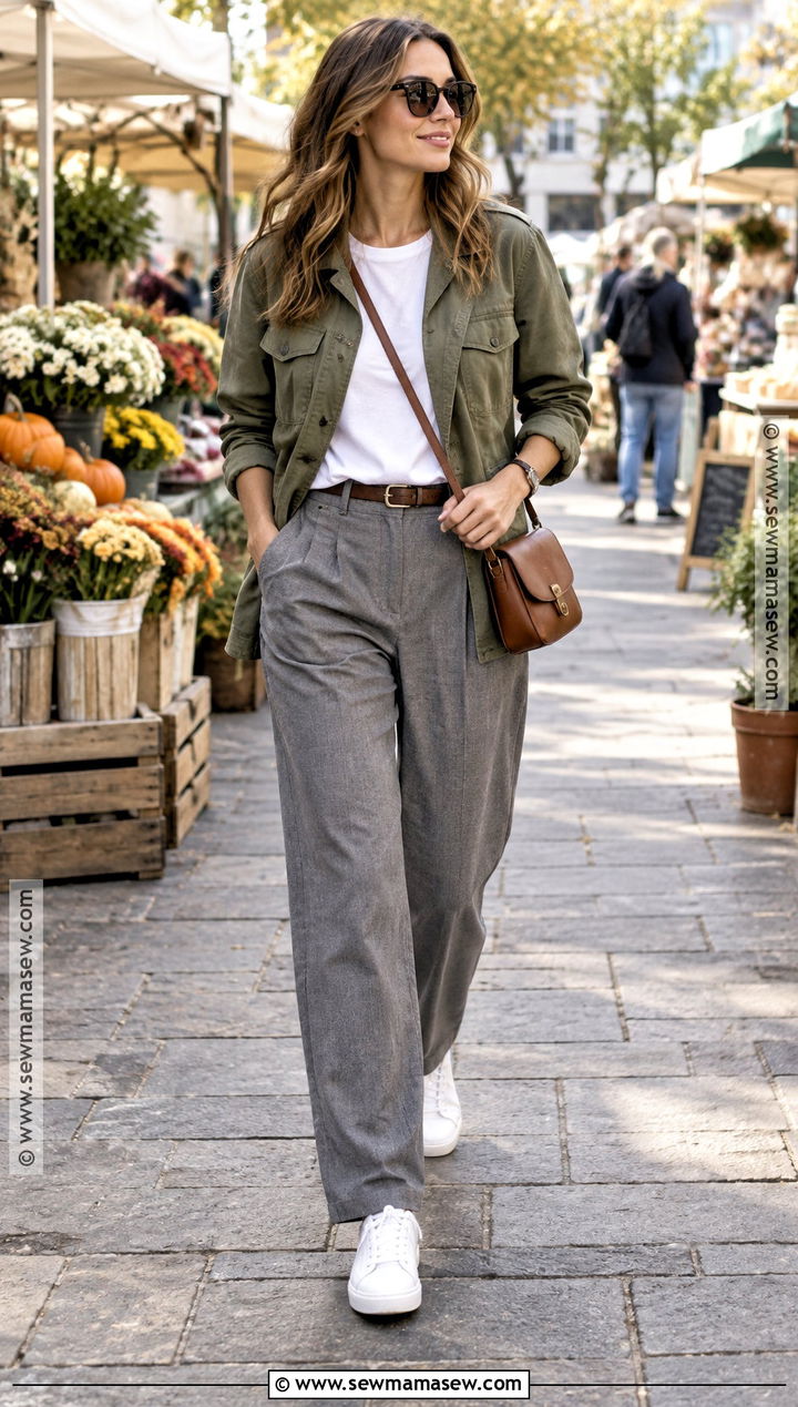 Grey Pants With Olive Jacket And White T Shirt - 20 grey pants outfit autumn