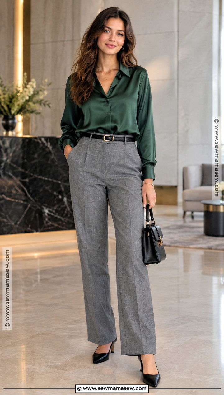 Grey Pants With Satin Blouse And Pointed Heels - 20 grey pants outfit autumn