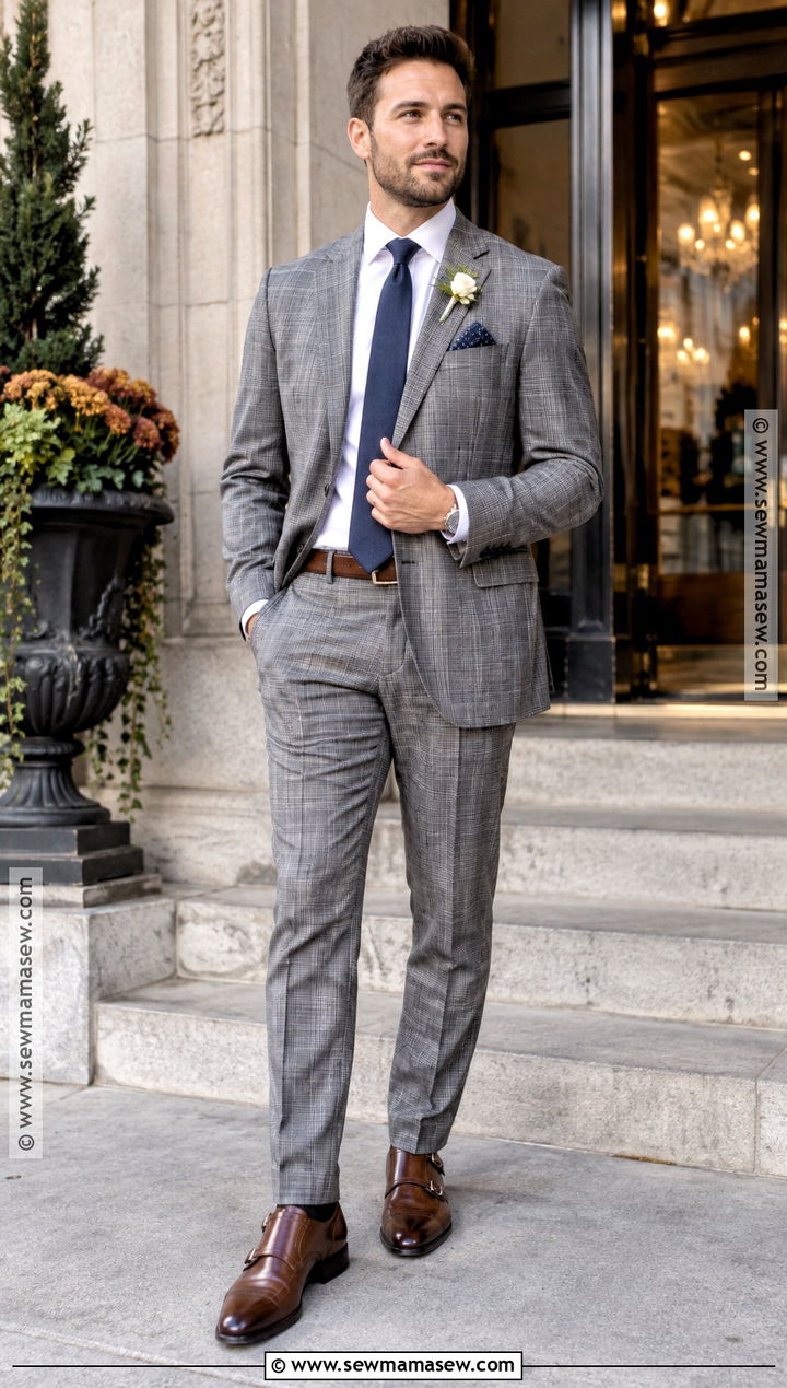 Grey Plaid Groom Suit With Navy Tie - 15 fall wedding groom attire grey ideas