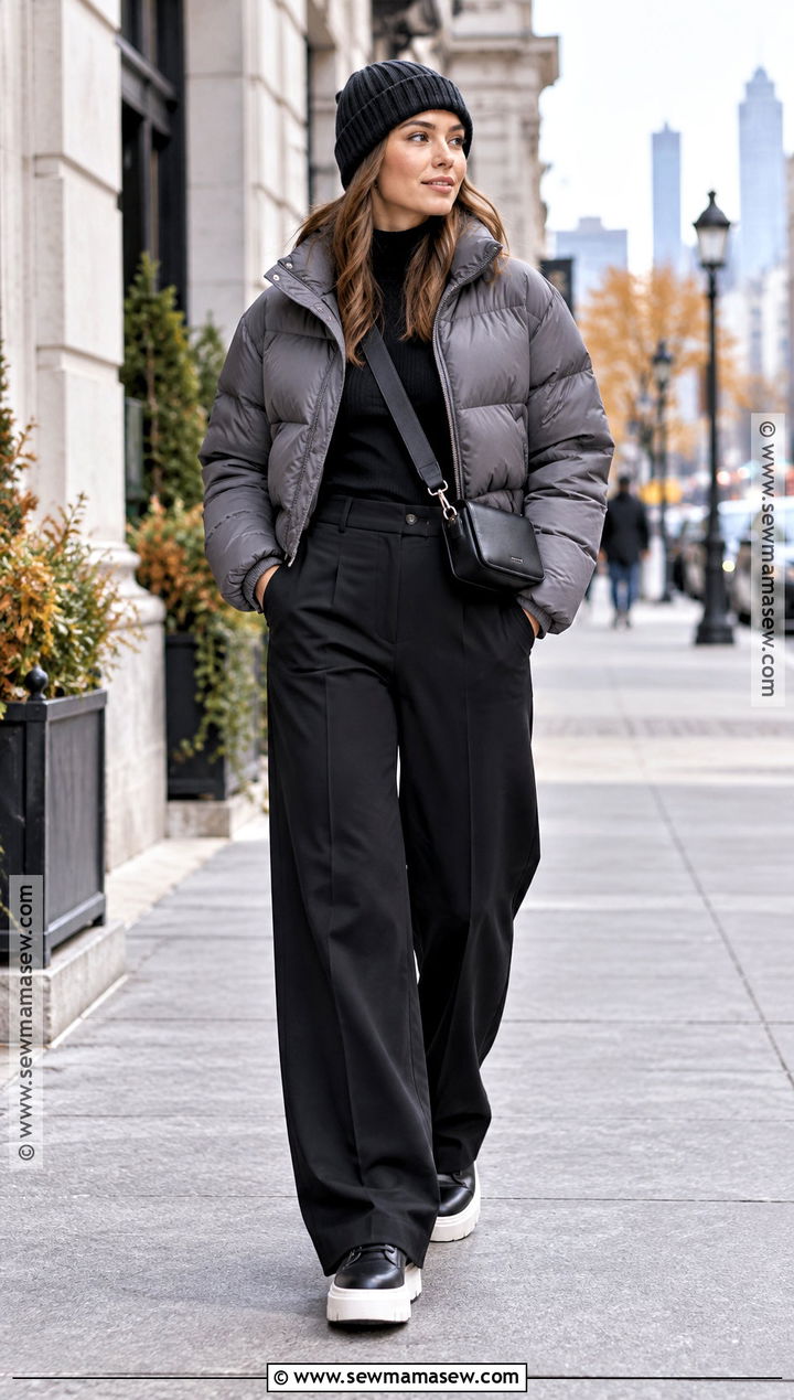 Grey Puffer Jacket With Wide Leg Pants - 20 grey outfit fall ideas