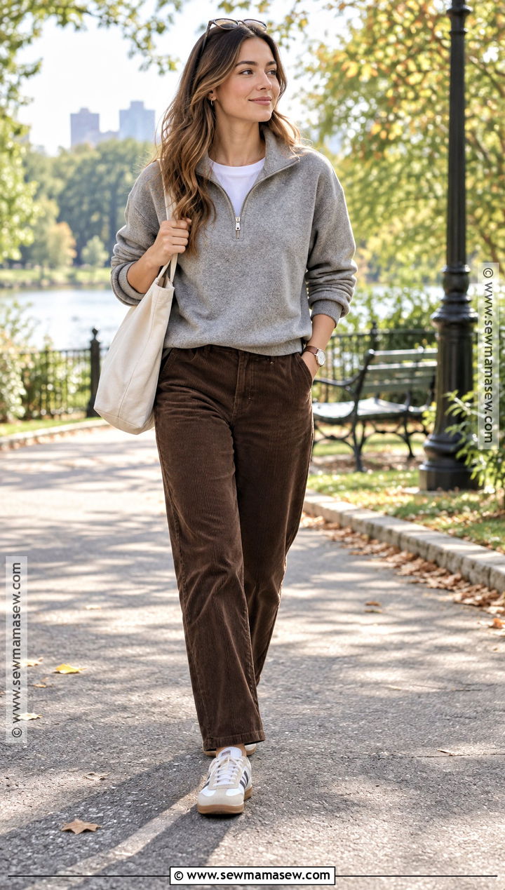 Grey Quarter Zip Sweater With Corduroy Pants - 15 cozy grey sweater fall fashion ideas