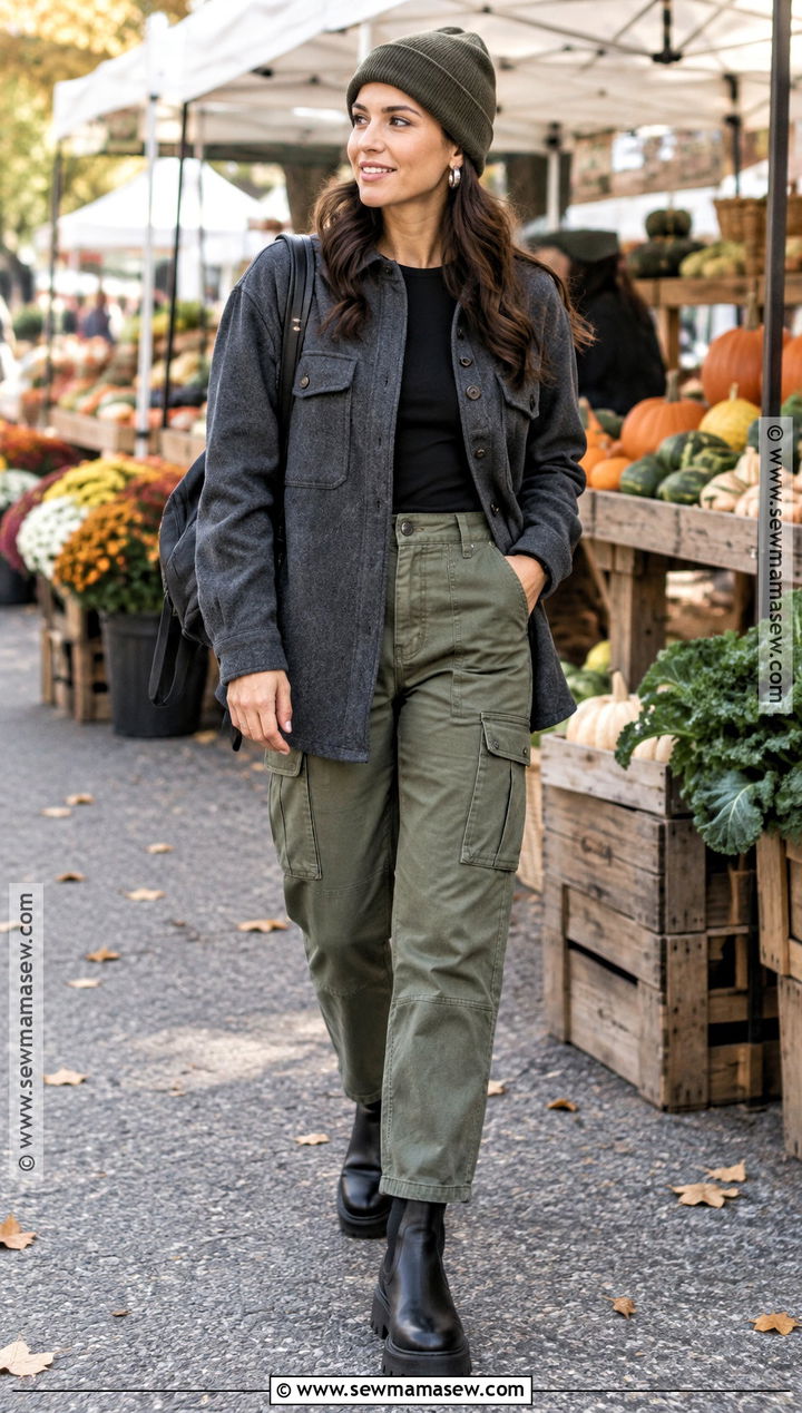Grey Shacket With Cargo Pants And Boots - 20 grey outfit fall ideas