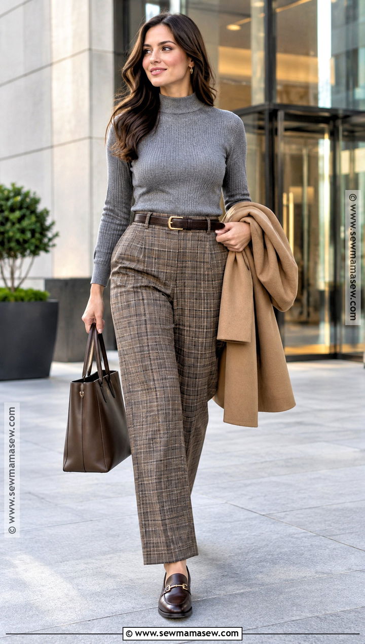 Grey Sweater With Plaid Trousers - 15 cozy grey sweater fall fashion ideas