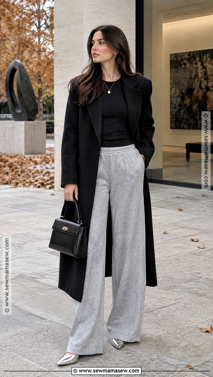 Grey Sweatpants With Black Coat and Kitten Heels - 20 grey sweatpants outfit fall ideas