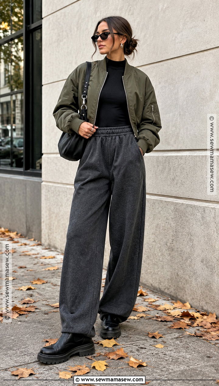 Grey Sweatpants With Bomber Jacket and Chelsea Boots - 20 grey sweatpants outfit fall ideas