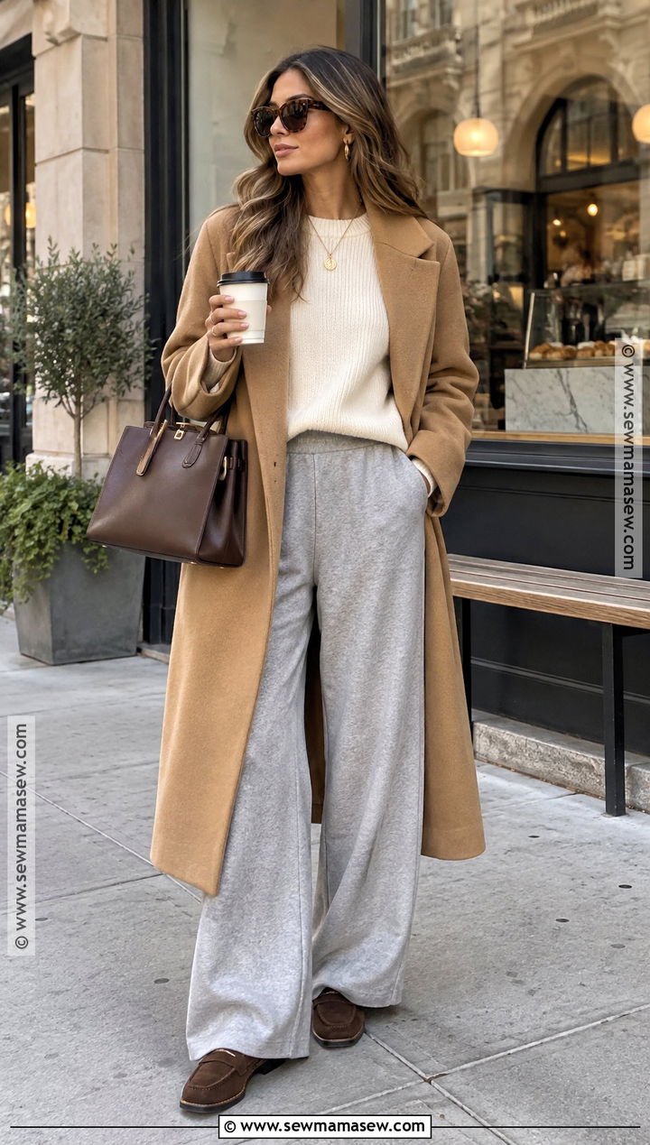 Grey Sweatpants With Camel Coat and Suede Loafers - 20 grey sweatpants outfit fall ideas