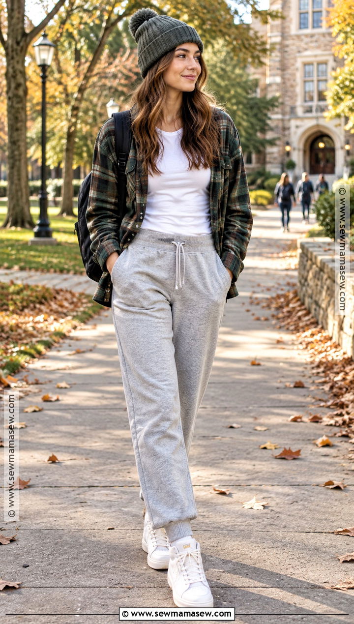 Grey Sweatpants With Flannel Shirt and High Top Sneakers - 20 grey sweatpants outfit fall ideas