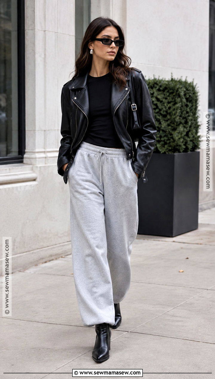 Grey Sweatpants With Leather Jacket and Ankle Boots - 20 grey sweatpants outfit fall ideas