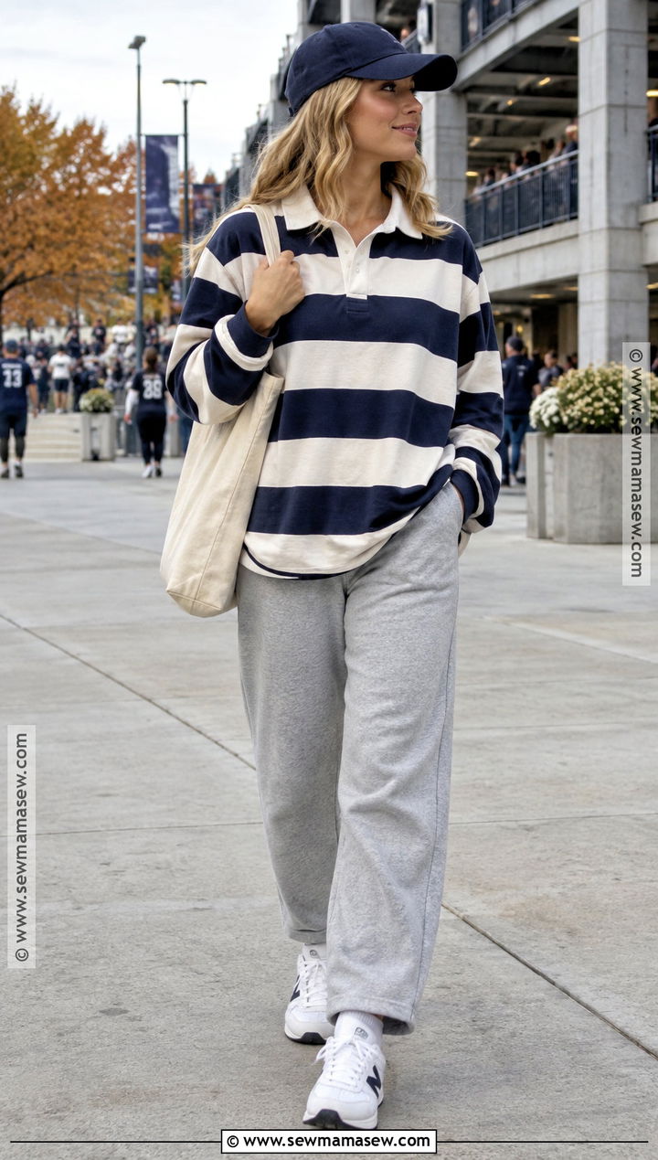 Grey Sweatpants With Rugby Shirt and Sneakers - 20 grey sweatpants outfit fall ideas