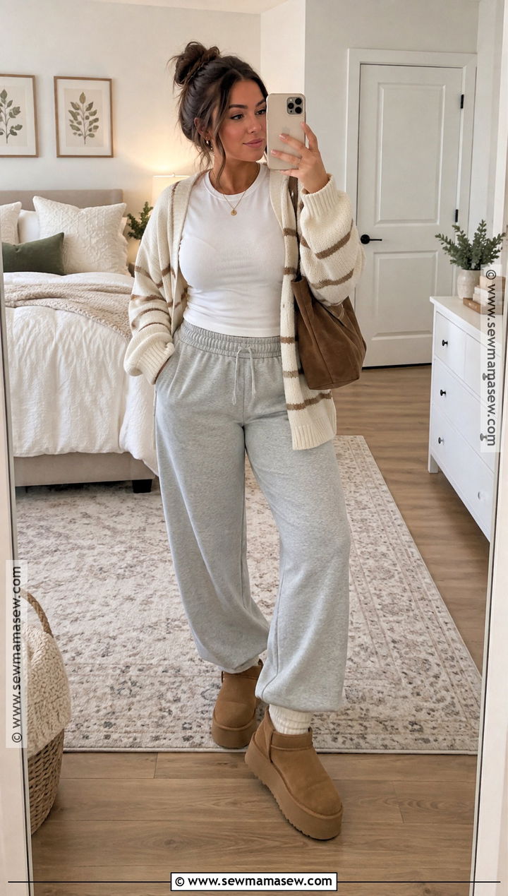 Grey Sweatpants With Striped Cardigan and Ugg Boots - 20 grey sweatpants outfit fall ideas
