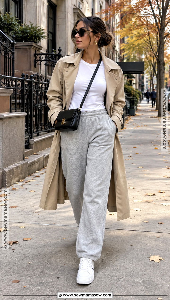 Grey Sweatpants With Trench Coat and Sneakers - 20 grey sweatpants outfit fall ideas