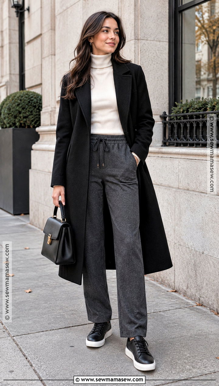 Grey Sweatpants With Turtleneck and Long Wool Coat - 20 grey sweatpants outfit fall ideas