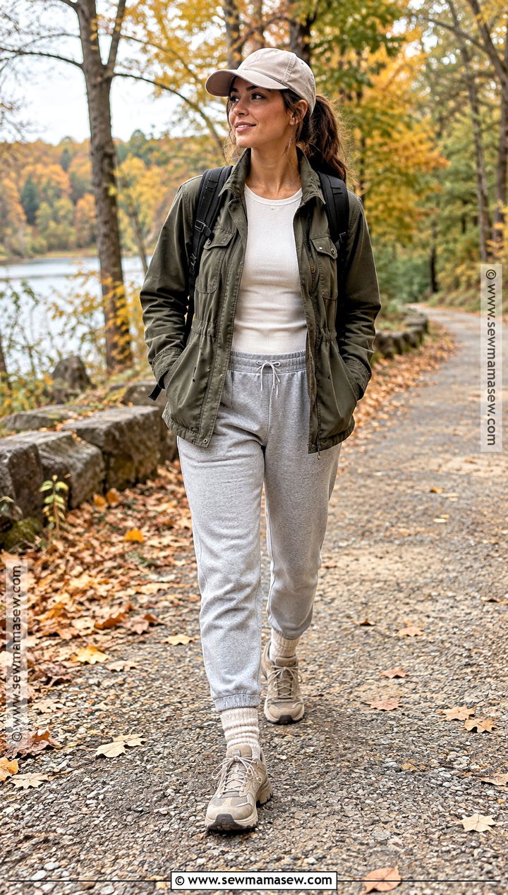 Grey Sweatpants With Utility Jacket and Hiking Sneakers - 20 grey sweatpants outfit fall ideas