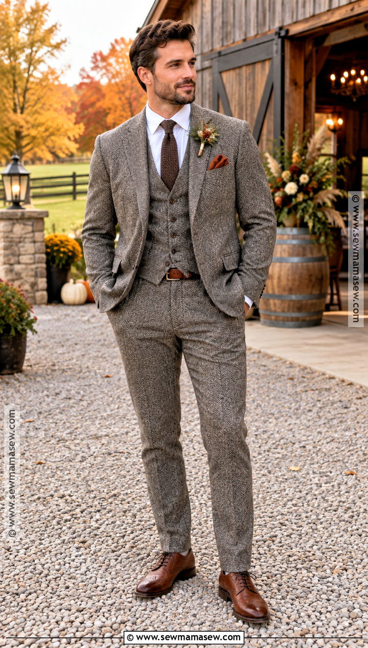 Grey Tweed Groom Suit With Brown Brogues - 15 fall wedding groom attire grey ideas