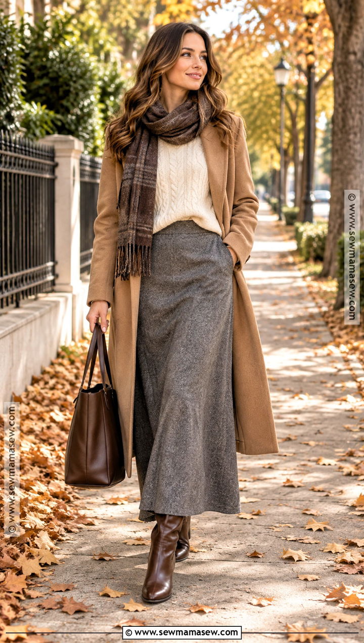 Grey Wool Maxi Skirt With Cream Cable Knit Sweater - 20 grey skirt fall outfit ideas