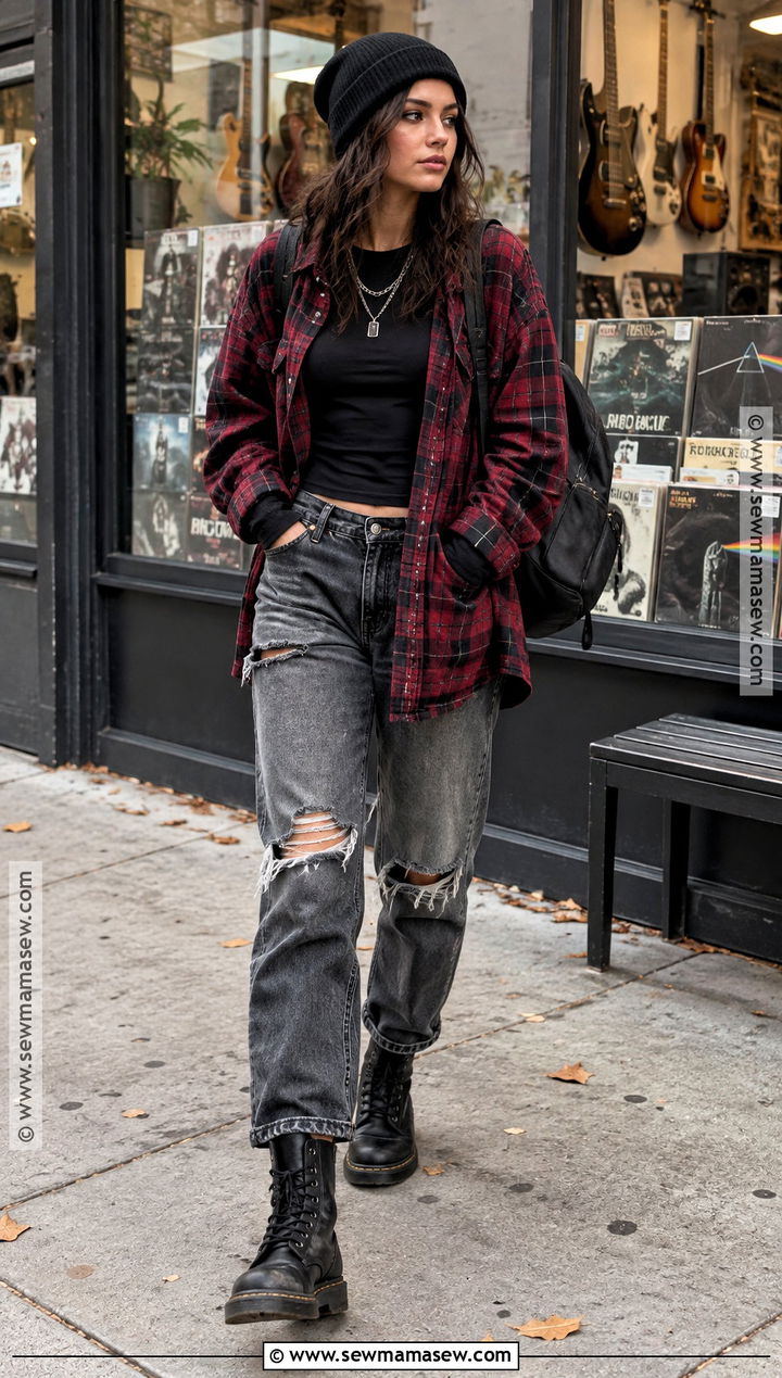 Grunge Autumn Flannel And Ripped Jeans Outfit - 30 autumn aesthetic outfit ideas