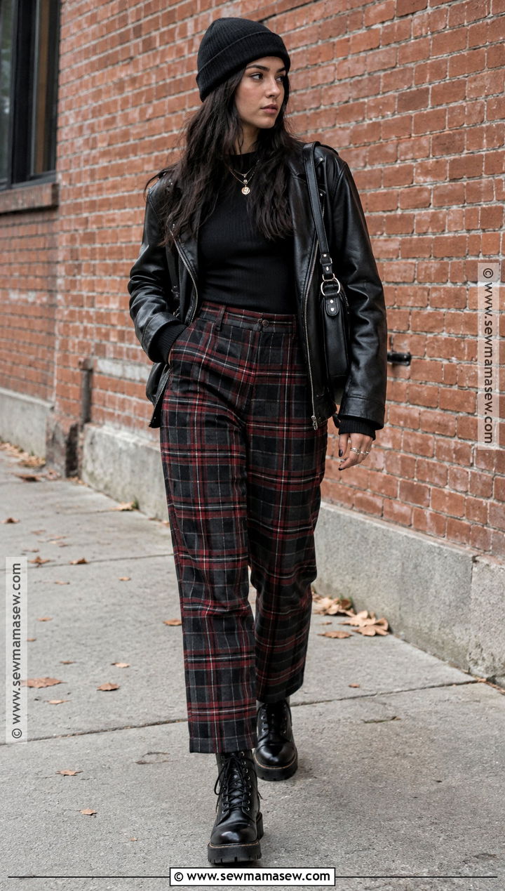 Grunge Autumn Leather Jacket And Plaid Pants Outfit - 20 autumn clothing aesthetic ideas