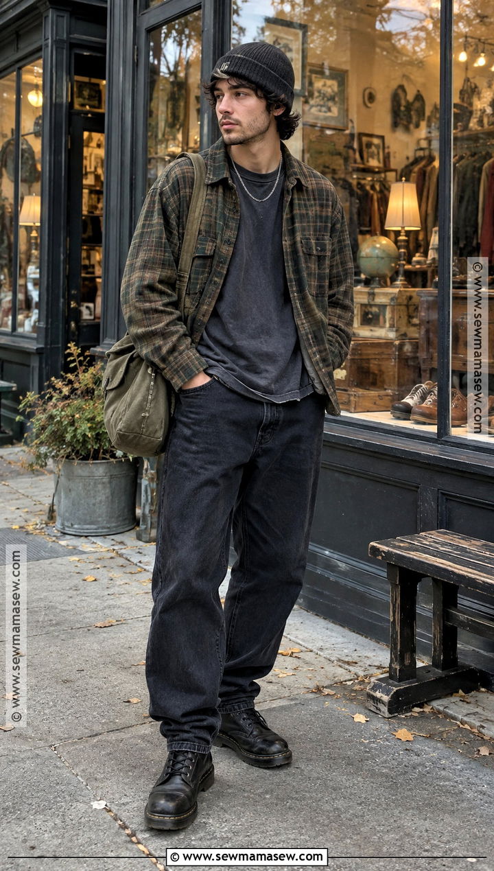 Grunge Autumn Outfit With Plaid Overshirt - 20 autumn outfits aesthetic for men