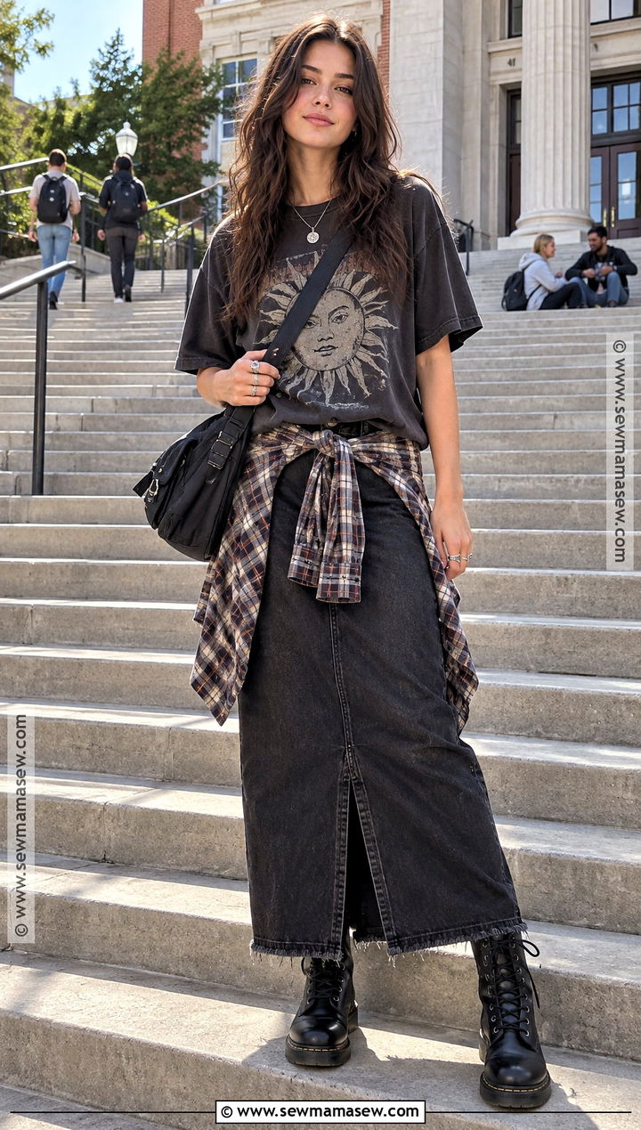 Grunge Band Tee And Maxi Skirt Outfit - 20 Grunge Back To School Outfit Ideas