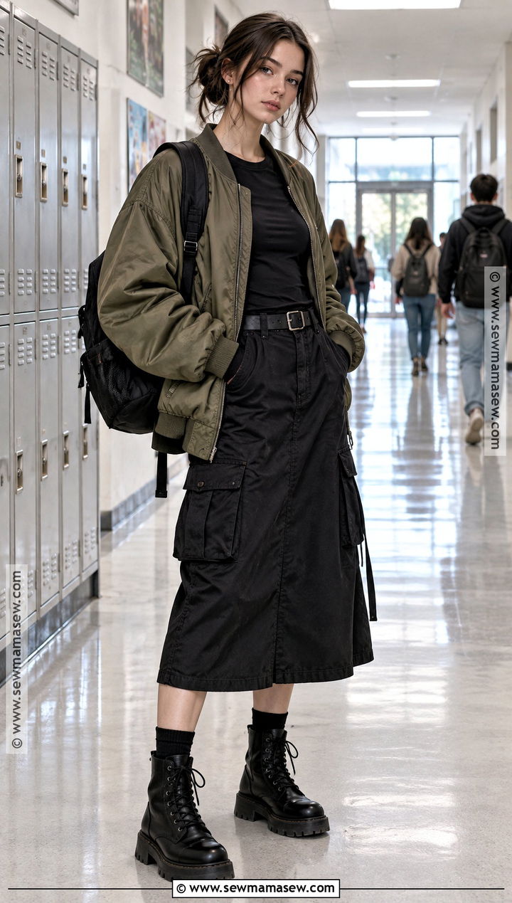 Grunge Bomber Jacket And Cargo Skirt Outfit - 20 Grunge Back To School Outfit Ideas