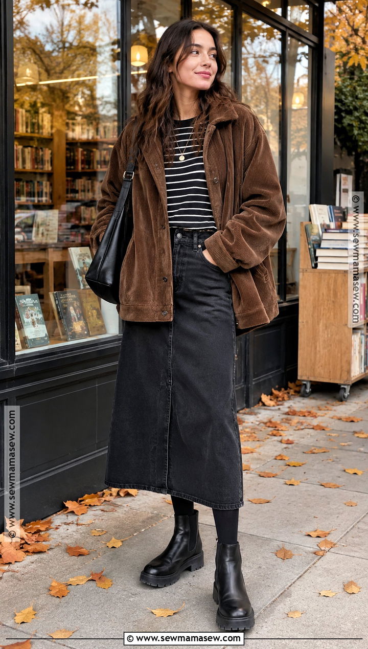 Grunge Corduroy Jacket Outfit With Denim Skirt - 15 grunge chic fall outfits