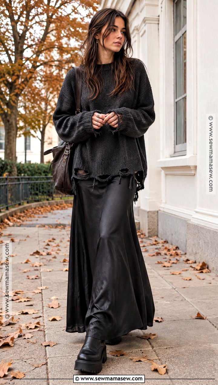 Grunge Distressed Sweater Outfit With Maxi Skirt - 15 grunge chic fall outfits