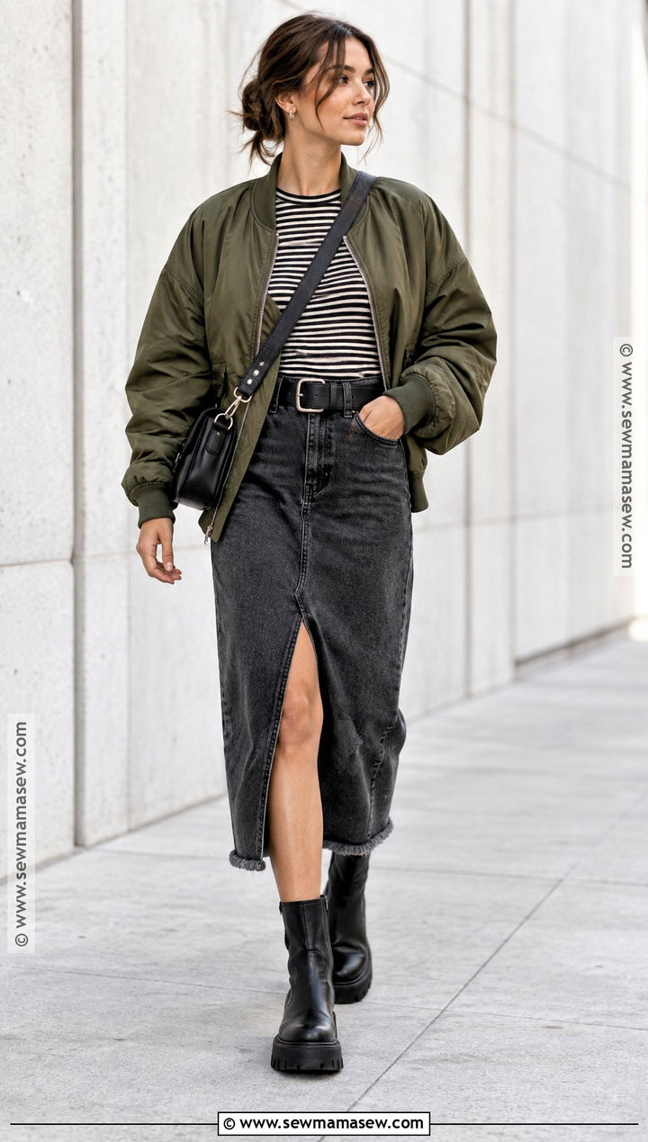 Grunge Fall Outfit With Denim Midi Skirt And Bomber Jacket - 25 grunge fall outfits