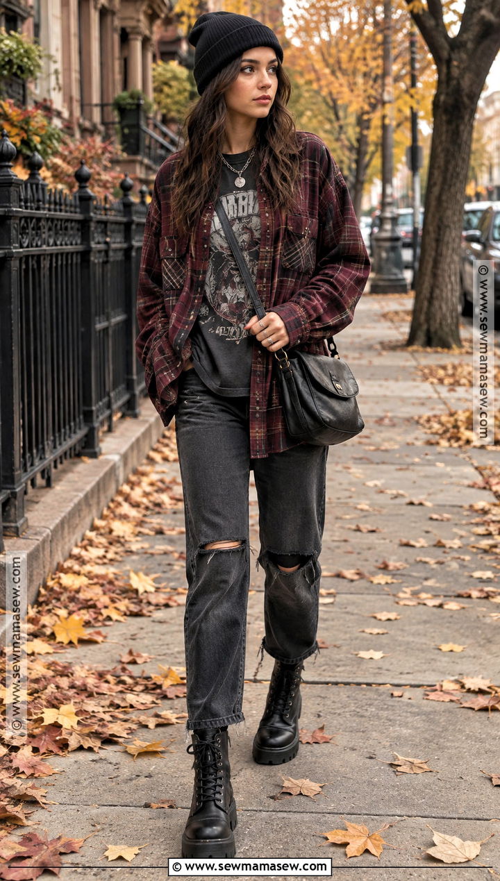 Grunge Fall Outfit With Flannel And Ripped Jeans - 15 fall outfit alternative ideas