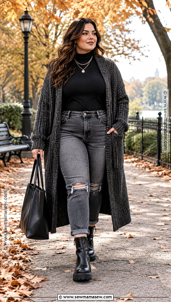 Grunge Fall Outfit With Long Cardigan And Distressed Denim - 25 grunge fall outfits