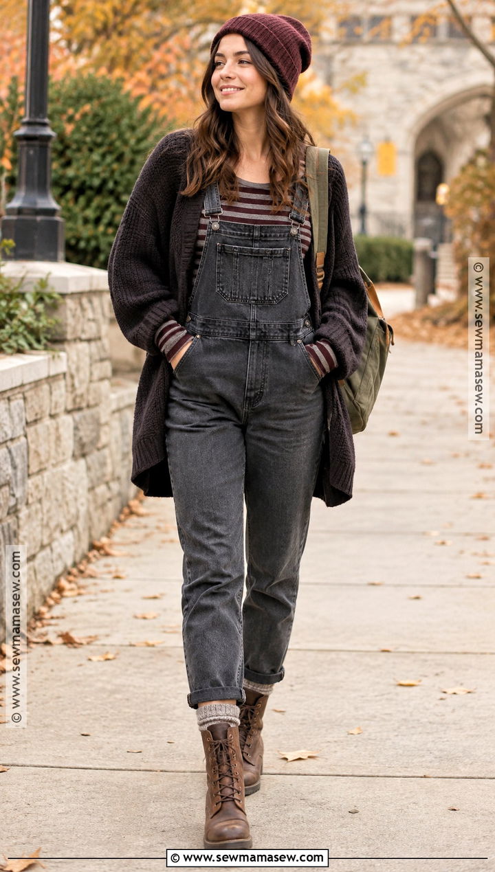 Grunge Fall Outfit With Overalls And Striped Shirt - 25 grunge fall outfits