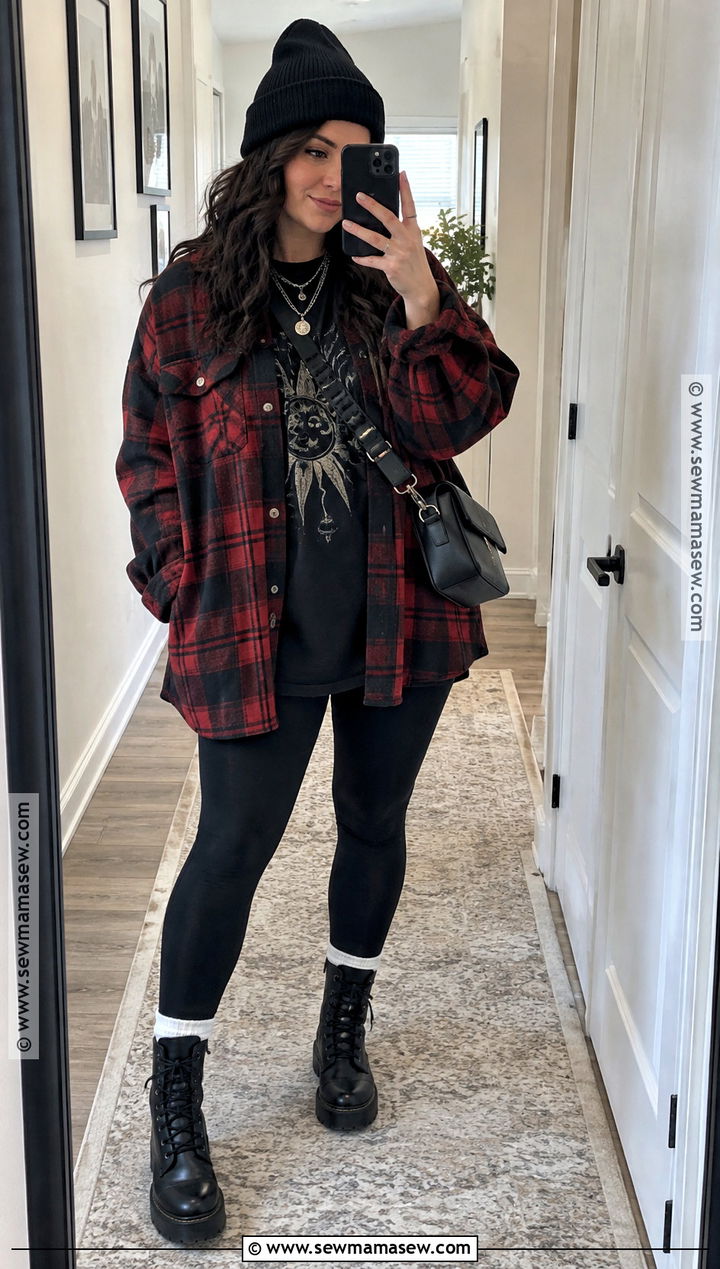 Grunge Fall Outfit With Shacket And Black Leggings - 25 grunge fall outfits