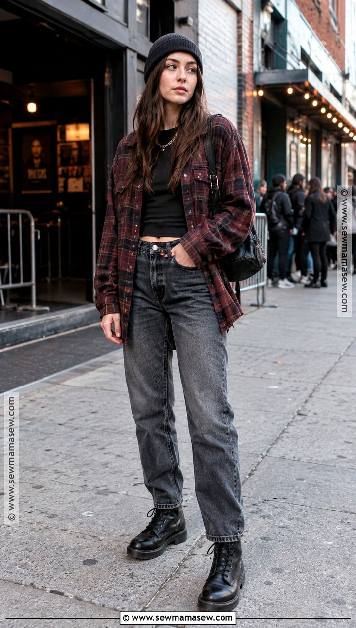 Grunge Fall Outfit With a Plaid Overshirt - 25 fall outfit inspo aesthetic ideas