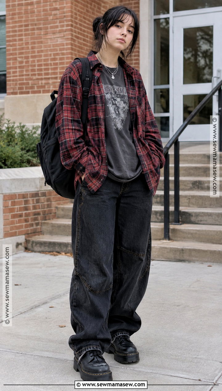 Grunge Flannel And Baggy Jeans School Outfit - 15 fall aesthetic school outfits