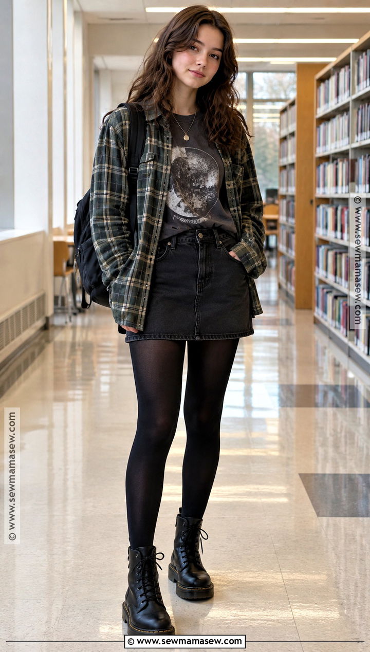 Grunge Flannel And Denim Skirt Outfit - 20 Grunge Back To School Outfit Ideas