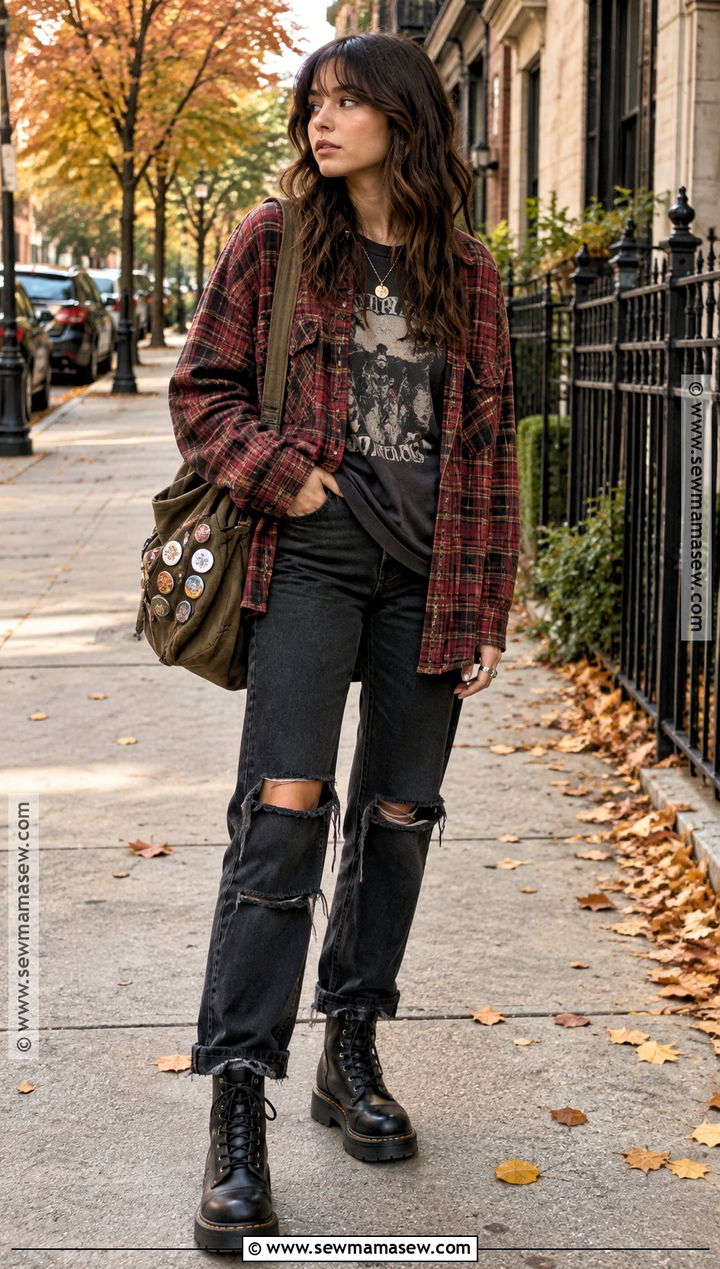Grunge Flannel And Ripped Jeans Outfit - 20 alt fall fashion ideas