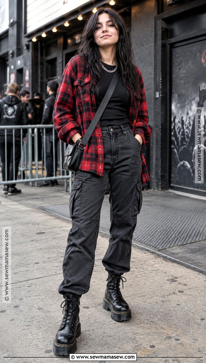 Grunge Flannel Fall Outfit With Cargo Pants - 25 Fall Outfits Women Aesthetic