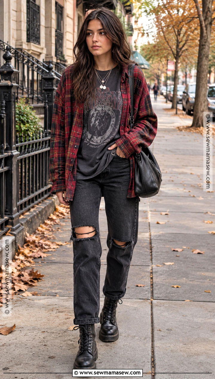 Grunge Flannel Outfit With Ripped Jeans - 15 grunge chic fall outfits