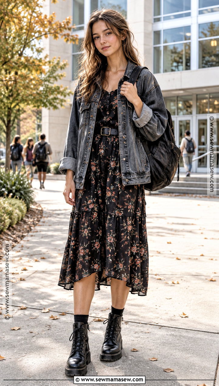 Grunge Floral Dress And Combat Boots Outfit - 20 Grunge Back To School Outfit Ideas