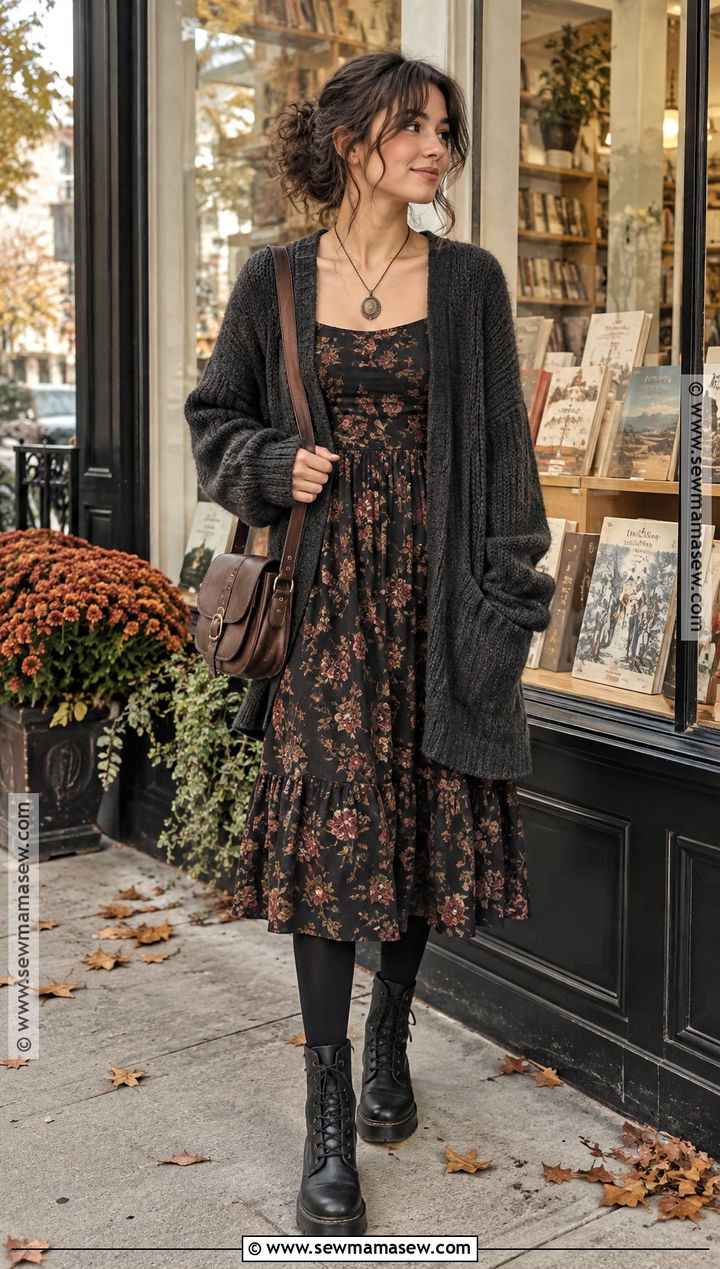 Grunge Floral Dress Outfit With Combat Boots - 15 grunge chic fall outfits