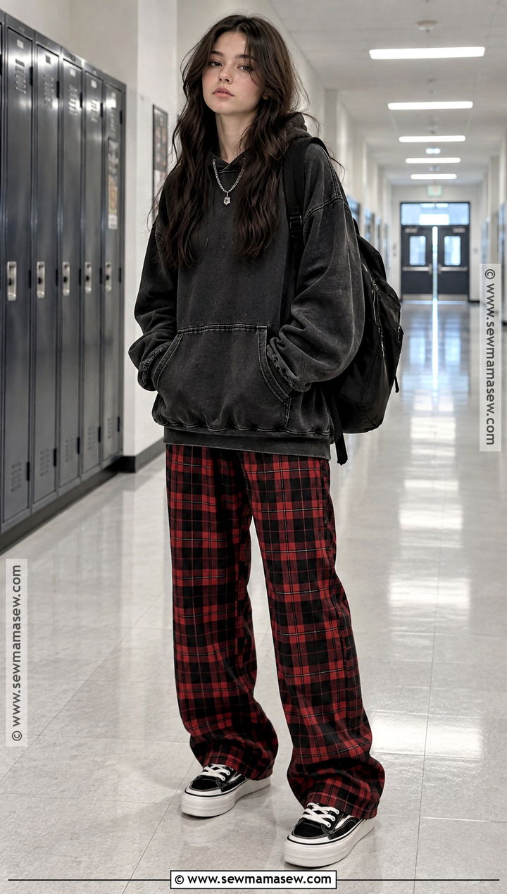 Grunge Hoodie And Plaid Pants Outfit - 20 Grunge Back To School Outfit Ideas
