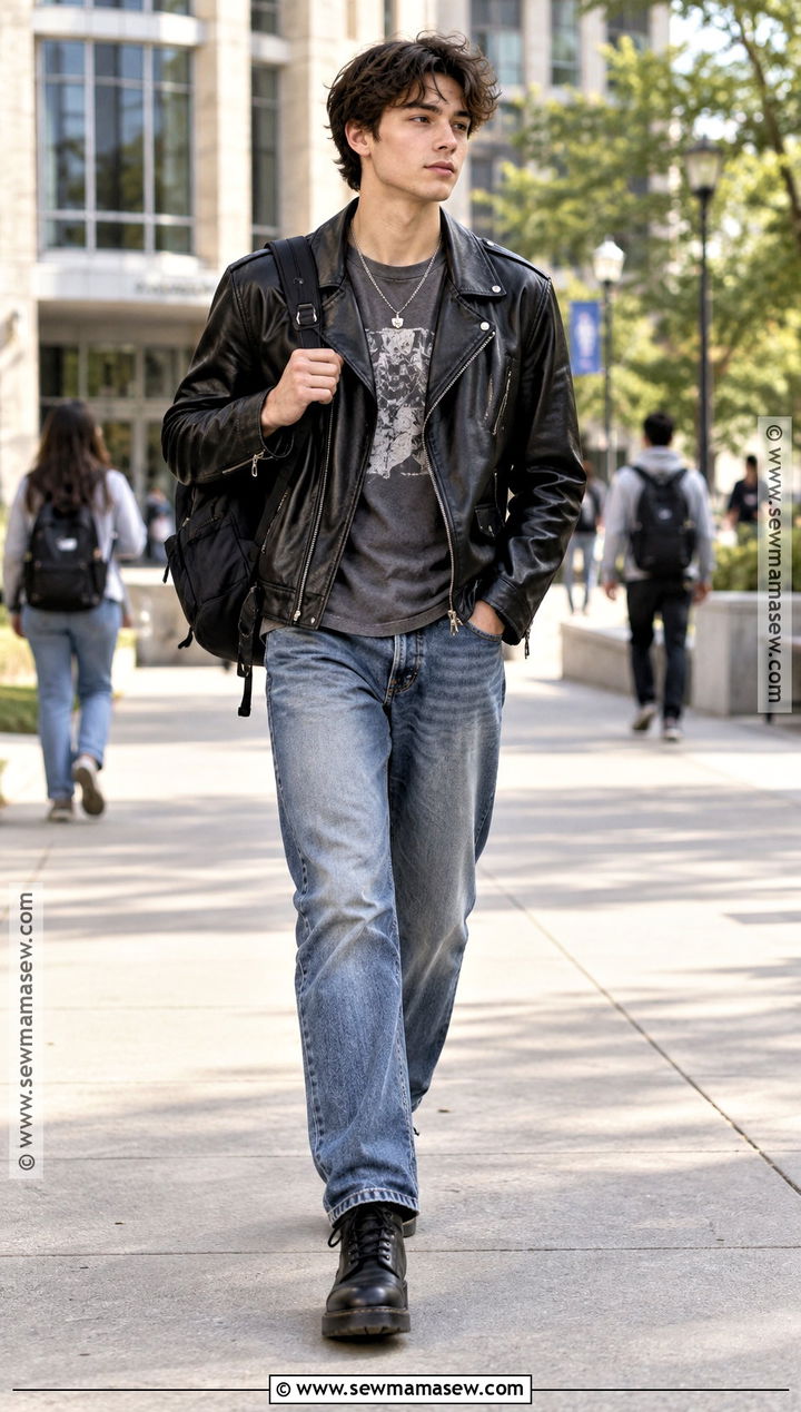 Grunge Leather Jacket And Straight Jeans Outfit - 20 Grunge Back To School Outfit Ideas