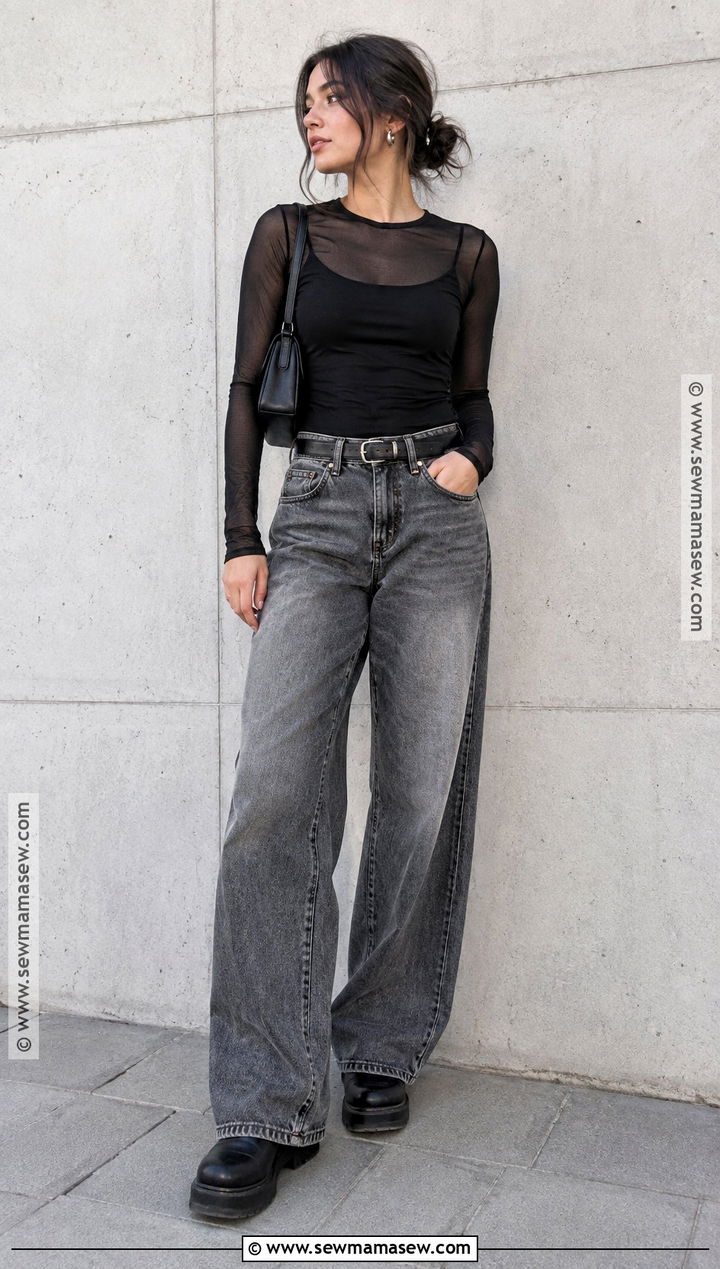 Grunge Mesh Top Outfit With Wide Leg Jeans - 15 grunge chic fall outfits