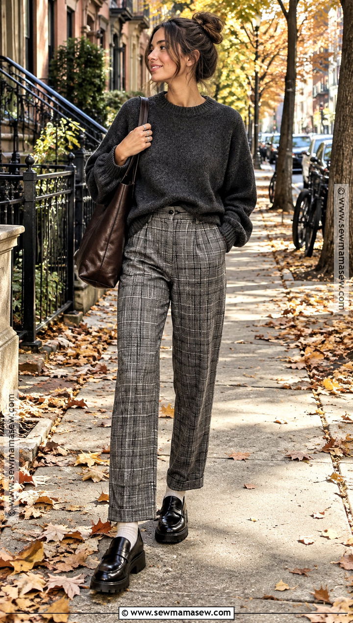 Grunge Plaid Pants Outfit With Oversized Sweater - 15 grunge chic fall outfits