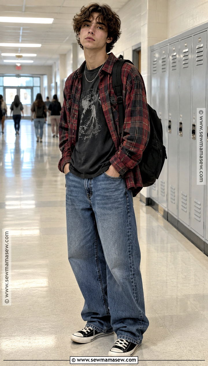 Grunge Plaid Shirt And Baggy Jeans Outfit - 20 Grunge Back To School Outfit Ideas