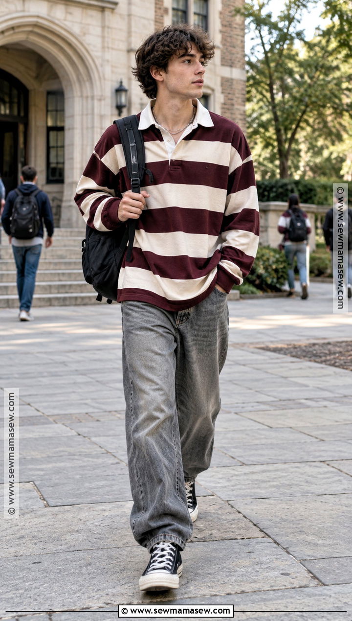 Grunge Rugby Shirt And Loose Jeans Outfit - 20 Grunge Back To School Outfit Ideas