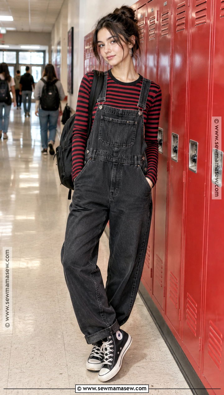 Grunge Striped Shirt And Denim Overalls Outfit - 20 Grunge Back To School Outfit Ideas