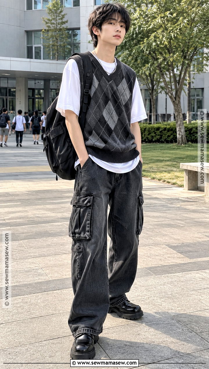 Grunge Sweater Vest And Cargo Jeans Outfit - 20 Grunge Back To School Outfit Ideas