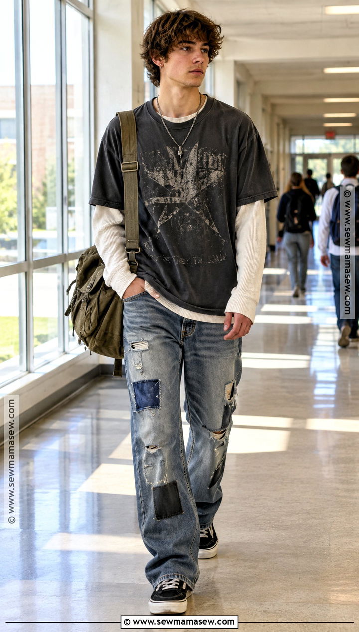 Grunge Thermal Top And Distressed Jeans Outfit - 20 Grunge Back To School Outfit Ideas
