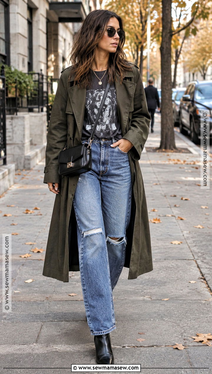 Grunge Trench Coat Outfit With Distressed Denim - 15 grunge chic fall outfits