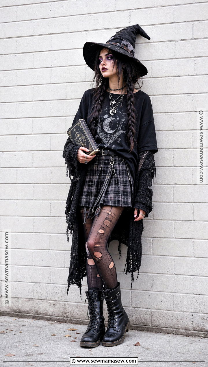 Grunge Witch Costume With Plaid Skirt - 30 edgy halloween costume ideas